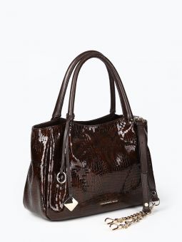 Сумка женская Alessandro Beato 463-2790-3333 cocco laccato tm Купить итальянскую коричневую большую женскую сумку из лакированной кожи с тиснением под рептилию и натуральной кожи на коротких ручках и длинном кожаном ремешке на карабинах на плечо с доста