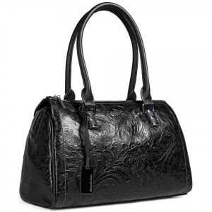 Сумка женская Alessandro Beato 350-2176-2368 fiori nero Купить итальянскую чёрную с рисунком небольшую женскую сумку из натуральной кожи с тиснением под рептилию на плечо с доставкой по Москве и всей России в интернет-магази