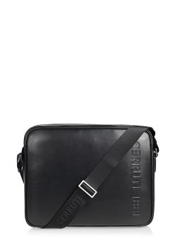Сумка мужская через плечо Cerruti 01781M nero Купить итальянскую чёрную большую мужскую сумку из натуральной кожи на длинном регулируемом текстильном ремне на или через плечо с доставкой по Москве и все