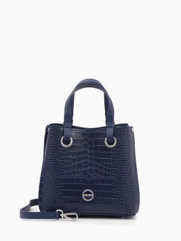 Купить итальянскую синюю небольшую женскую сумочку-тоут из натуральной кожи с тиснением под рептилию на коротких ручках и длинном кожаном ремешке на карабинах на или через плечо с доставкой по Москве и всей России в интернет-магазине модных сумок и аксесс