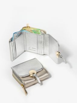 Купить итальянский маленький серебристый с золотистым женский кошелёк из натуральной кожи с эффектом металлик с доставкой по Москве и всей России в интернет-магазине модных женских сумок и аксессуаров