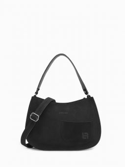 Купить итальянскую черную небольшую женскую сумочку из натуральной кожи и замши на короткой ручке и длинном кожаном ремешке на карабинах на или через плечо с доставкой по Москве и всей России в интернет-магазине модных женских сумок и аксессуаров