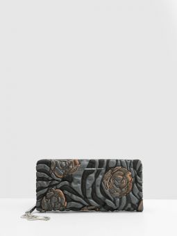 Купить итальянский разноцветный большой женский кошелёк на молнии из натуральной кожи с цветочным тиснением на коротком кожаном ремешке на карабине на руку с доставкой по Москве и всей России
