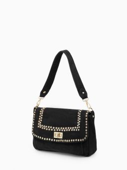 Купить российскую черную небольшую женскую сумку из натуральной замши на длинной ручке и длинном регулируемом кожаном ремешке на карабинах на или через плечо с доставкой по Москве и всей России в интернет-магазине модных сумок и аксессуаров