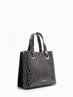Купить итальянскую серую небольшую женскую сумочку из натуральной лаковой кожи с тиснением под рептилию на коротких ручках и длинном регулируемом кожаном ремешке на карабинах на плечо с доставкой по Москве и всей России в интернет-магазине модных женских 