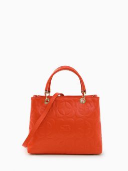 Купить итальянскую оранжевую небольшую женскую сумку из натуральной кожи с объемным тиснением на коротких ручках и длинном регулируемом кожаном ремешке на карабинах на плечо с доставкой по Москве и всей России в интернет-магазине модных женских сумок и ак